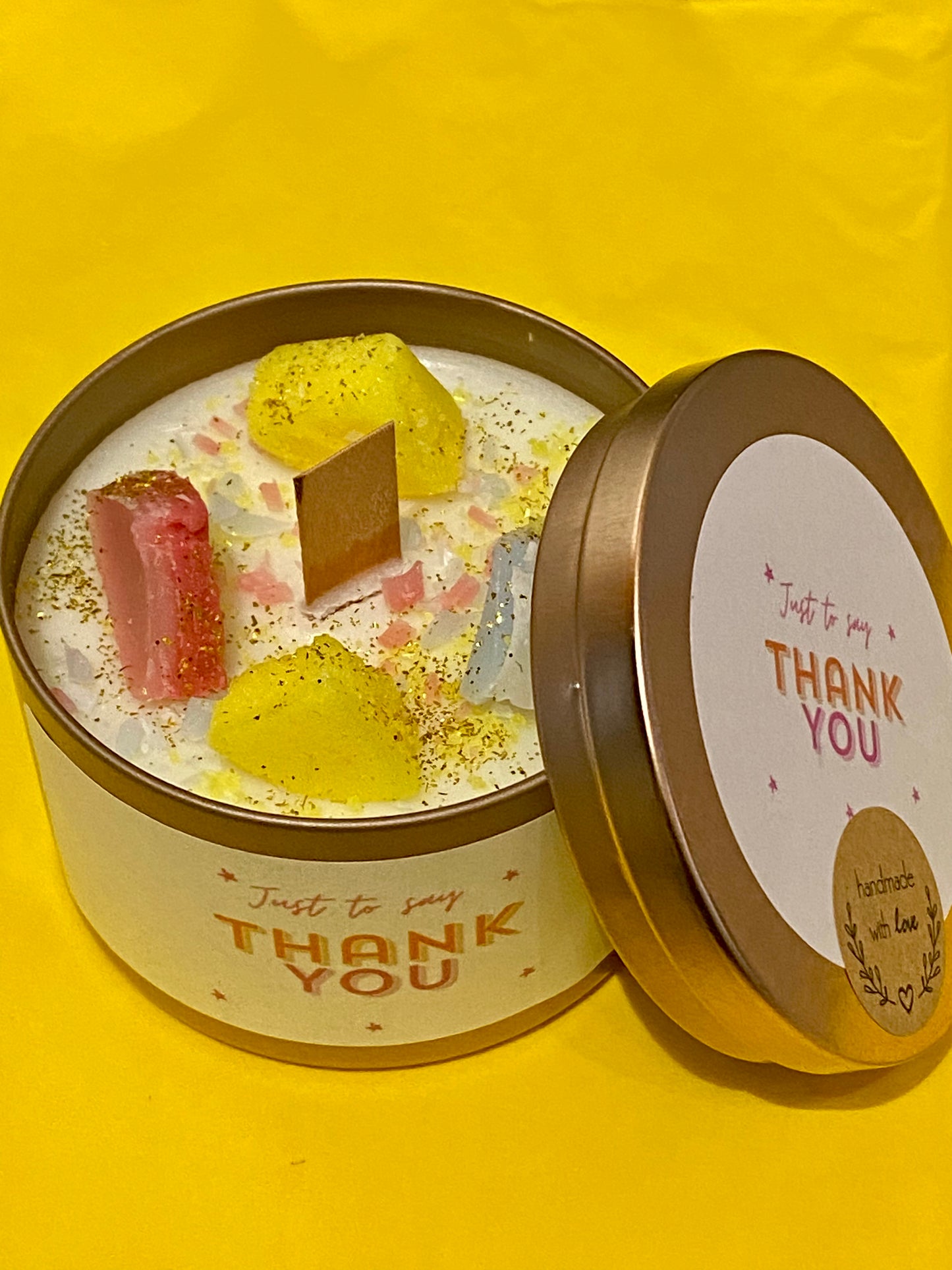 Scented Tin Luxury " Thank You " Candle – Handmade Gift with Wooden Wick & Glitter. 8oz - Choose your Scent | Gift for her | Surprise |Fun