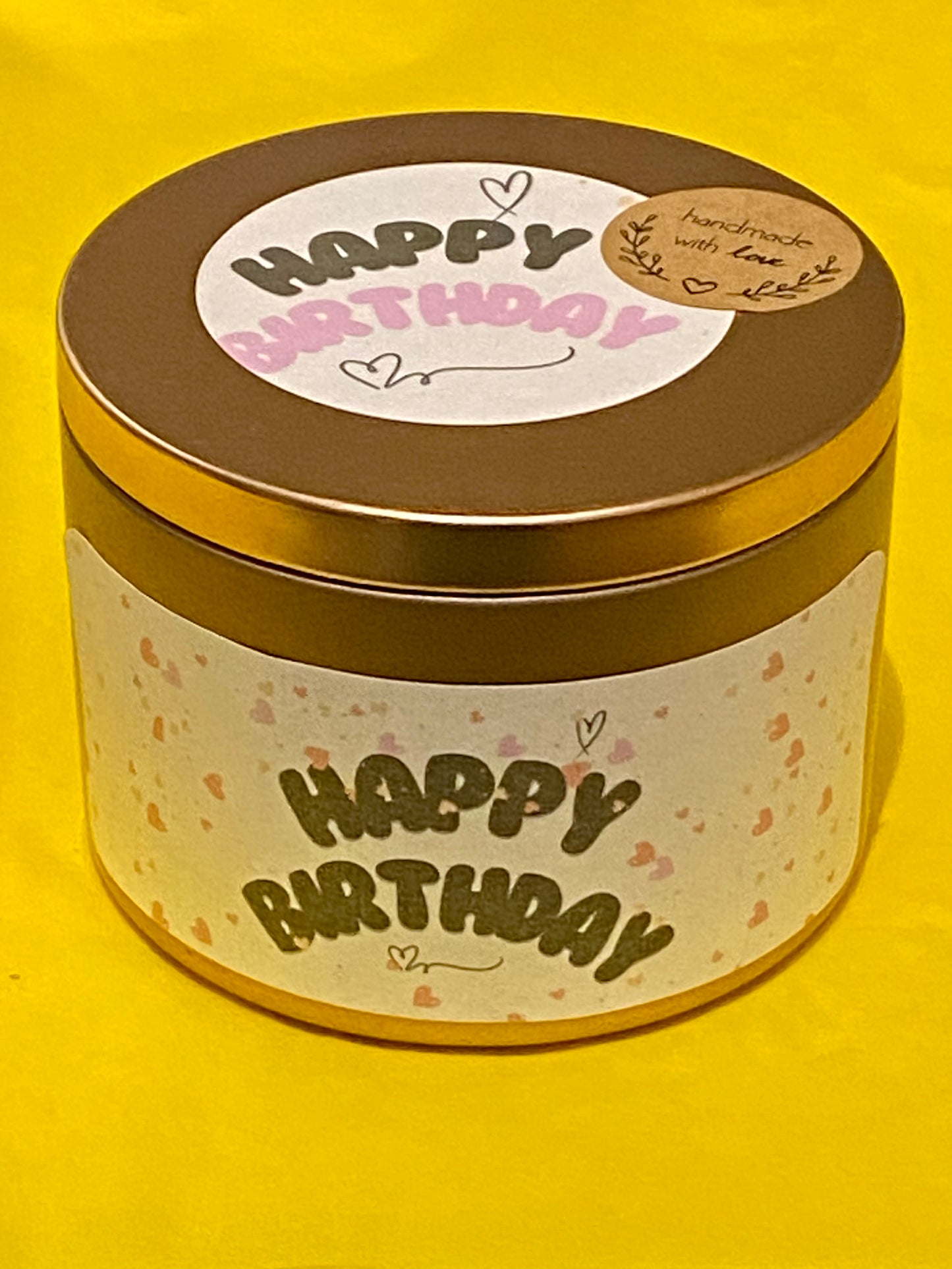 Scented Tin Luxury " Happy Birthday " Candle – Handmade Gift with Wooden Wick & Glitter. 8oz - Choose your Scent | Gift for her | Surprise |Fun