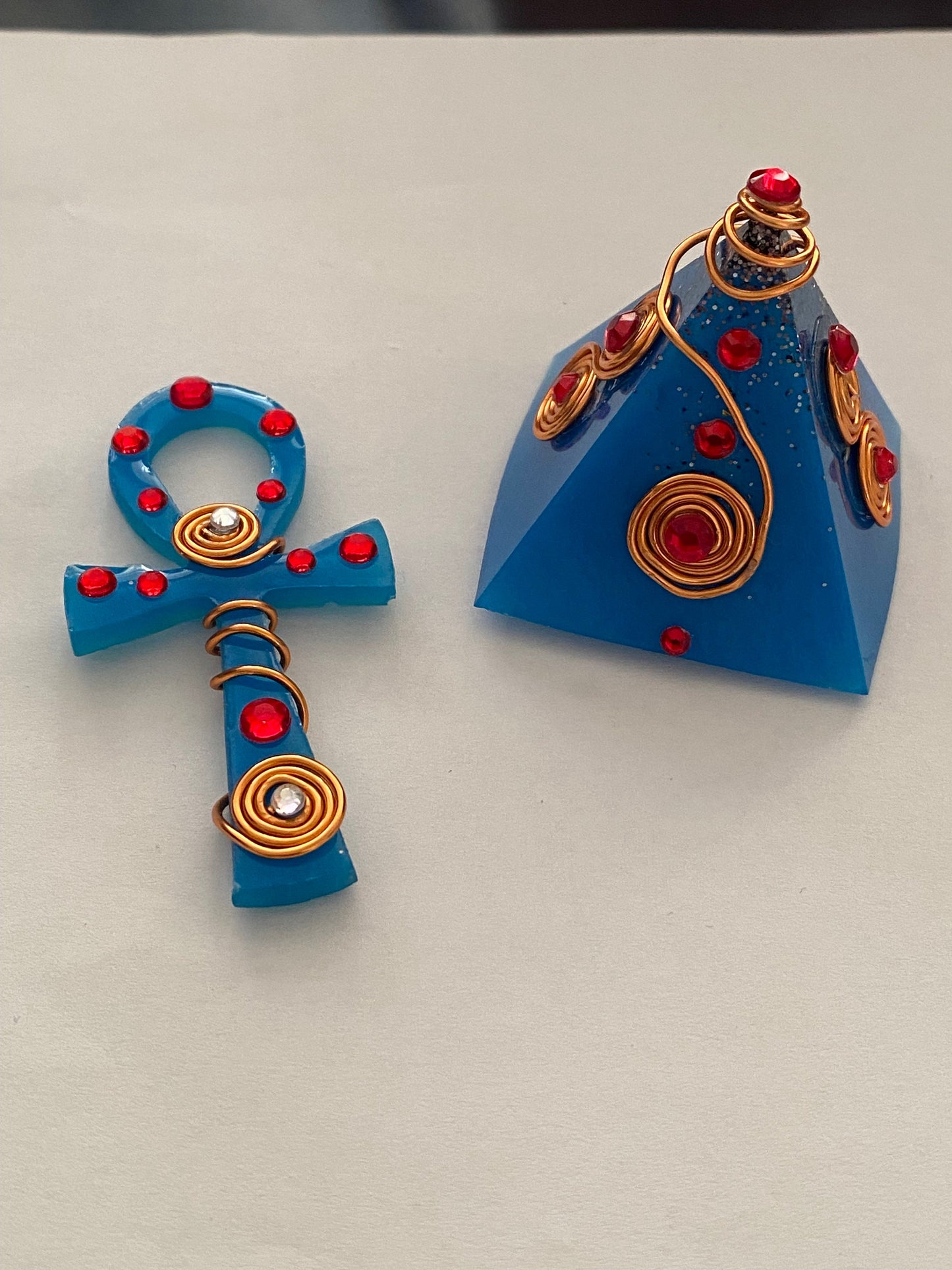 Blue Coloured Resin Ankh Pendant Charm Wrapped in Copper and Pyramid. | Gifts| Arts & Crafts Jewellery Making,Accessories, Making Keyring’s.