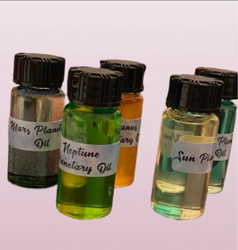 5 x Planetary Magical Oils 10ml Bottle. - With crystals. Sun, Uranus, Mars, Neptune, Venus, Astrology, Anointing, Gift