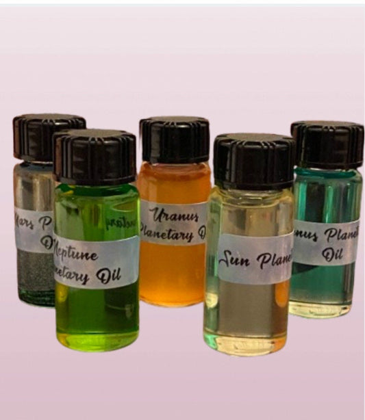 5 x Planetary Magical Oils 10ml Bottle. - With crystals. Sun, Uranus, Mars, Neptune, Venus, Astrology, Anointing, Gift