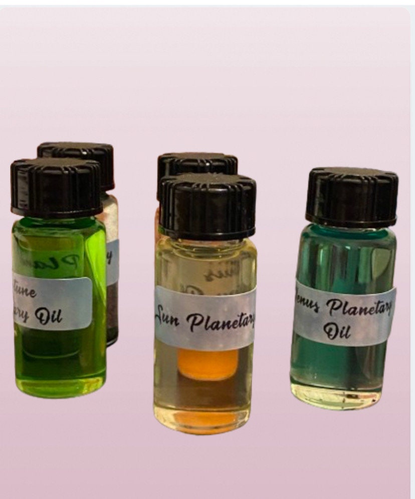 5 x Planetary Magical Oils 10ml Bottle. - With crystals. Sun, Uranus, Mars, Neptune, Venus, Astrology, Anointing, Gift