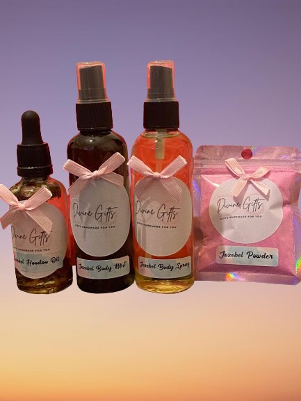 Jezebel Hoodoo Magickal  Body Mist, Body Oil Spray, Jezebel Hoodoo Oil, Jezebel Powder Gift Set.