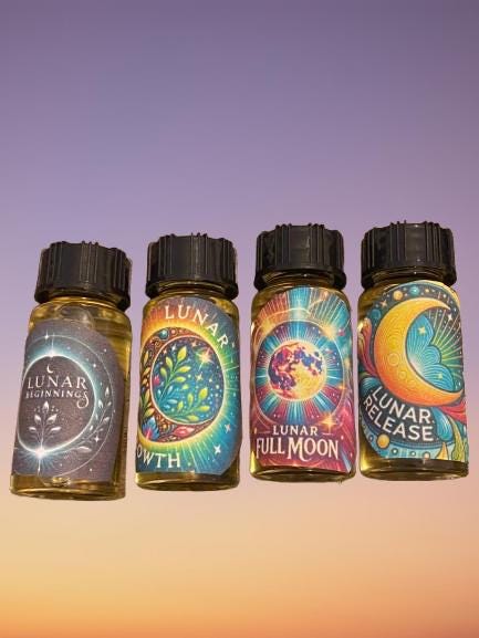 Divine Gifts Lunar Moon  Oil Set – Manifestation, Release, Illumination, and New Beginnings, For Rituals, Anointing,Gift, Moon Phases.