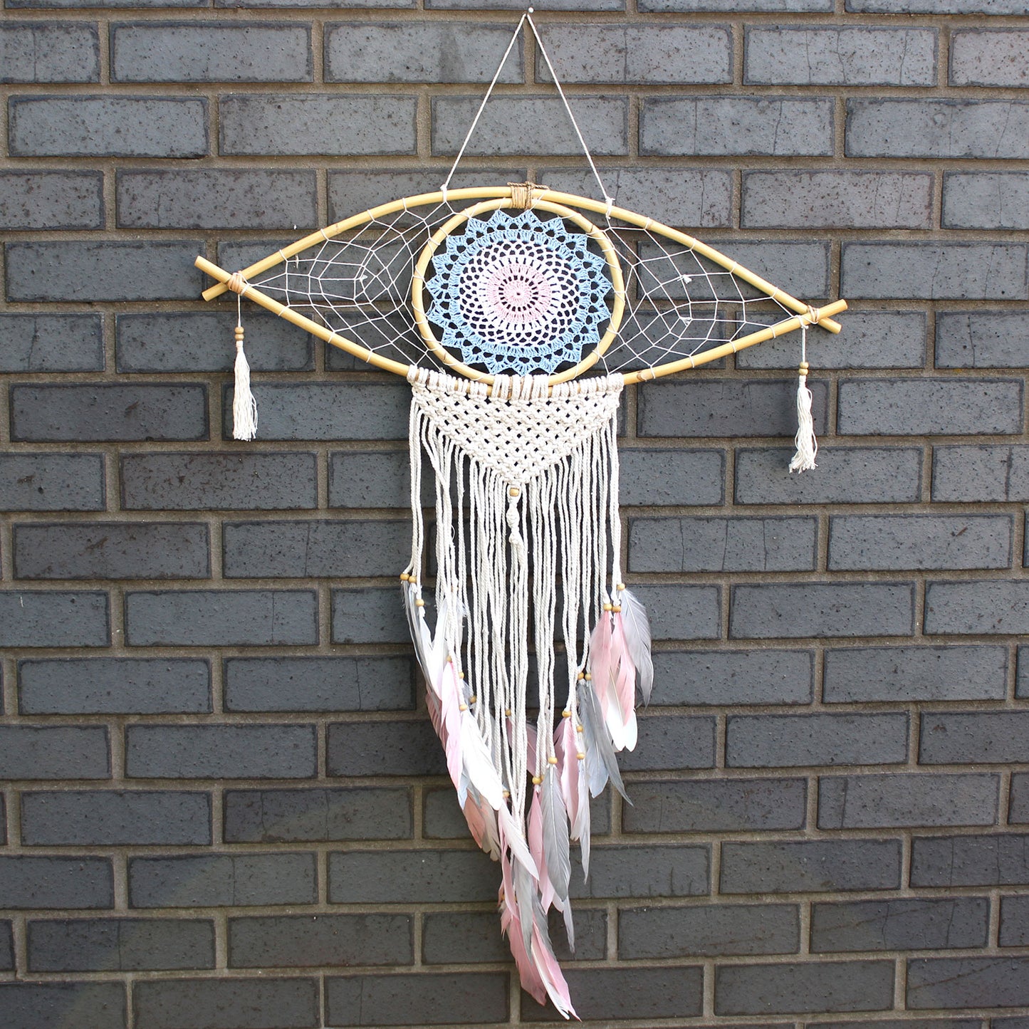 Protection Dream Catcher Home Gift - Macrame Evil Eye - Brown, Blue , Pink White & Feathers Choose Colour.