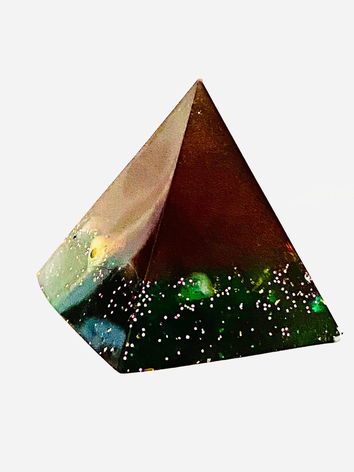 Coffee & Green Orgone Orgonite Pyramid with Shungite, Lodestone, Crystals, Gem Stones, Copper, EMF Protection - Energy Realms 2 Sizes