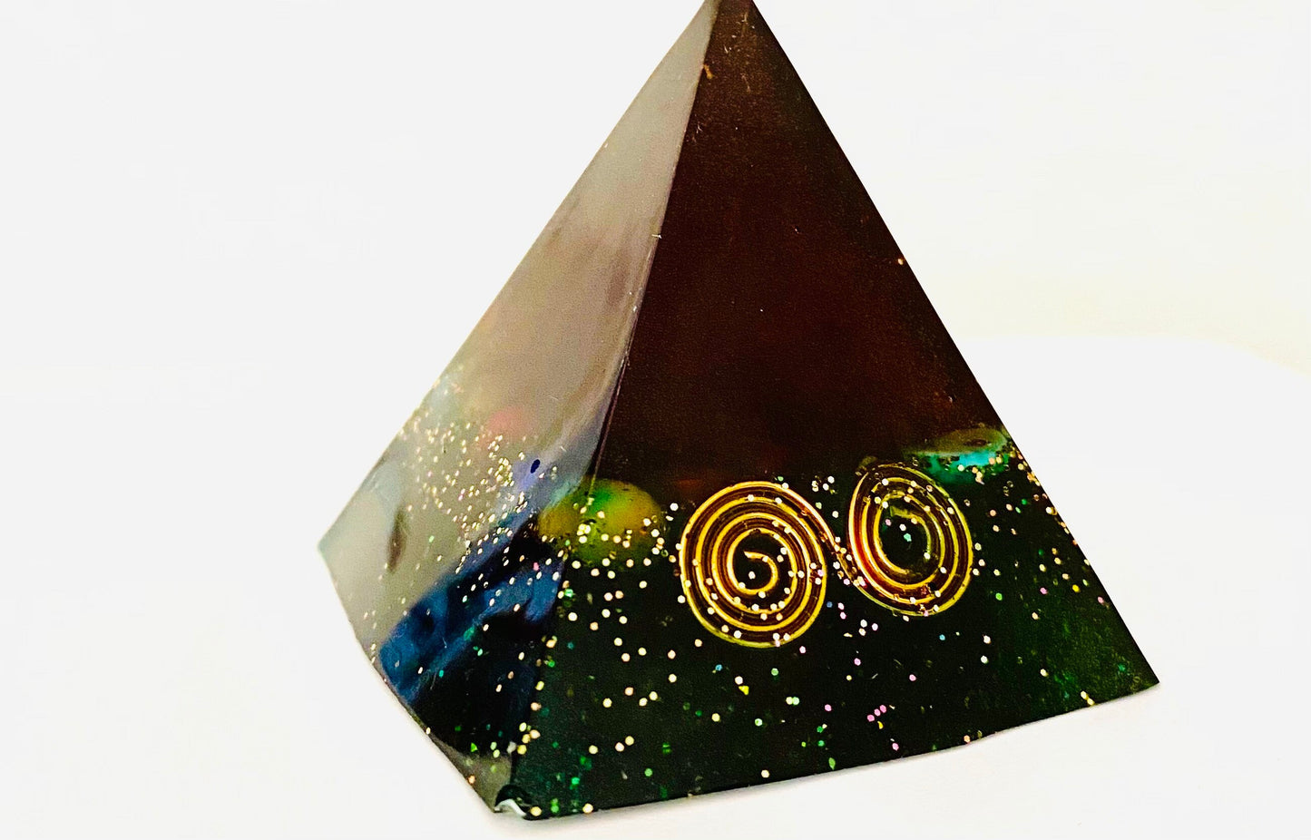 Coffee & Green Orgone Orgonite Pyramid with Shungite, Lodestone, Crystals, Gem Stones, Copper, EMF Protection - Energy Realms 2 Sizes