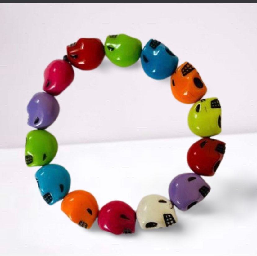 Ladies Women’s Colourful Skull Heads Charm Bracelet. Gift for her.