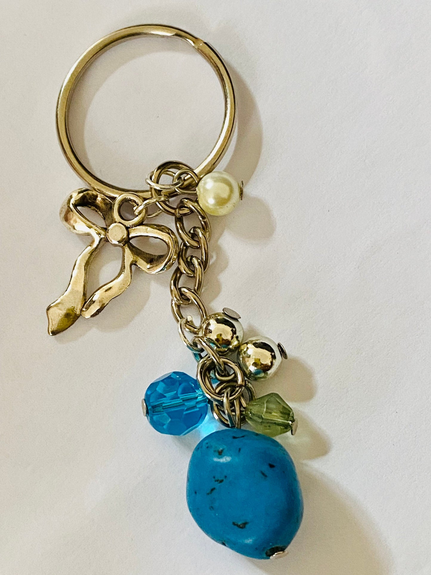 Turquoise Stones, Blue Beads with Bow Multi Charm Keyring, Hand Bag Charm, Gift For her, Birthday, Cute Gift.