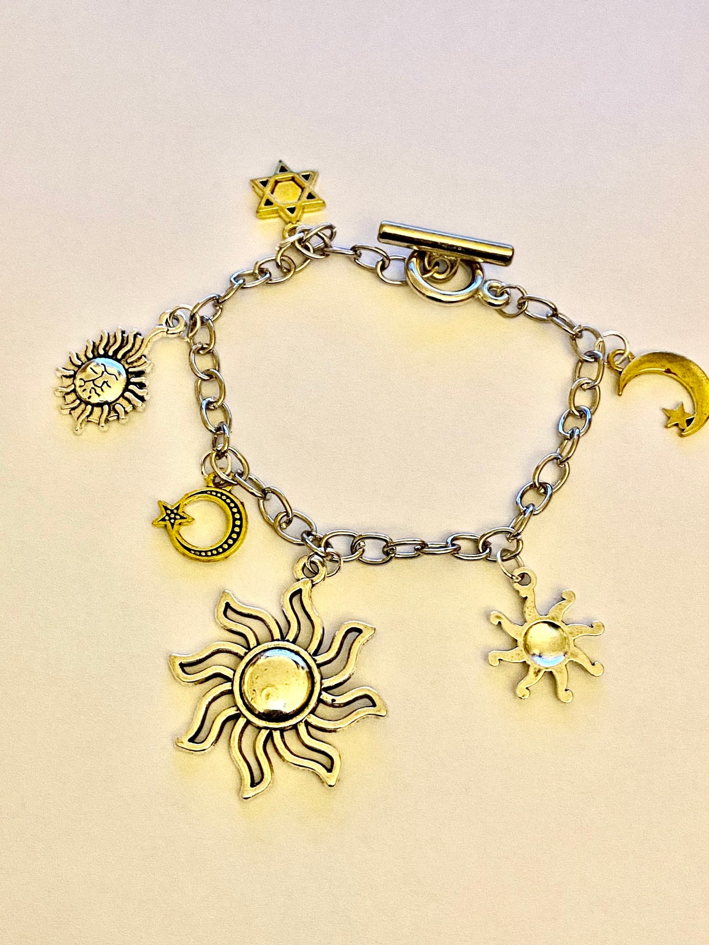 Sun, Moon and Stars Pretty Multi Charm Bracelet.  Ladies, Girls, Gift For her, Birthday, Cute Gift. Style 1