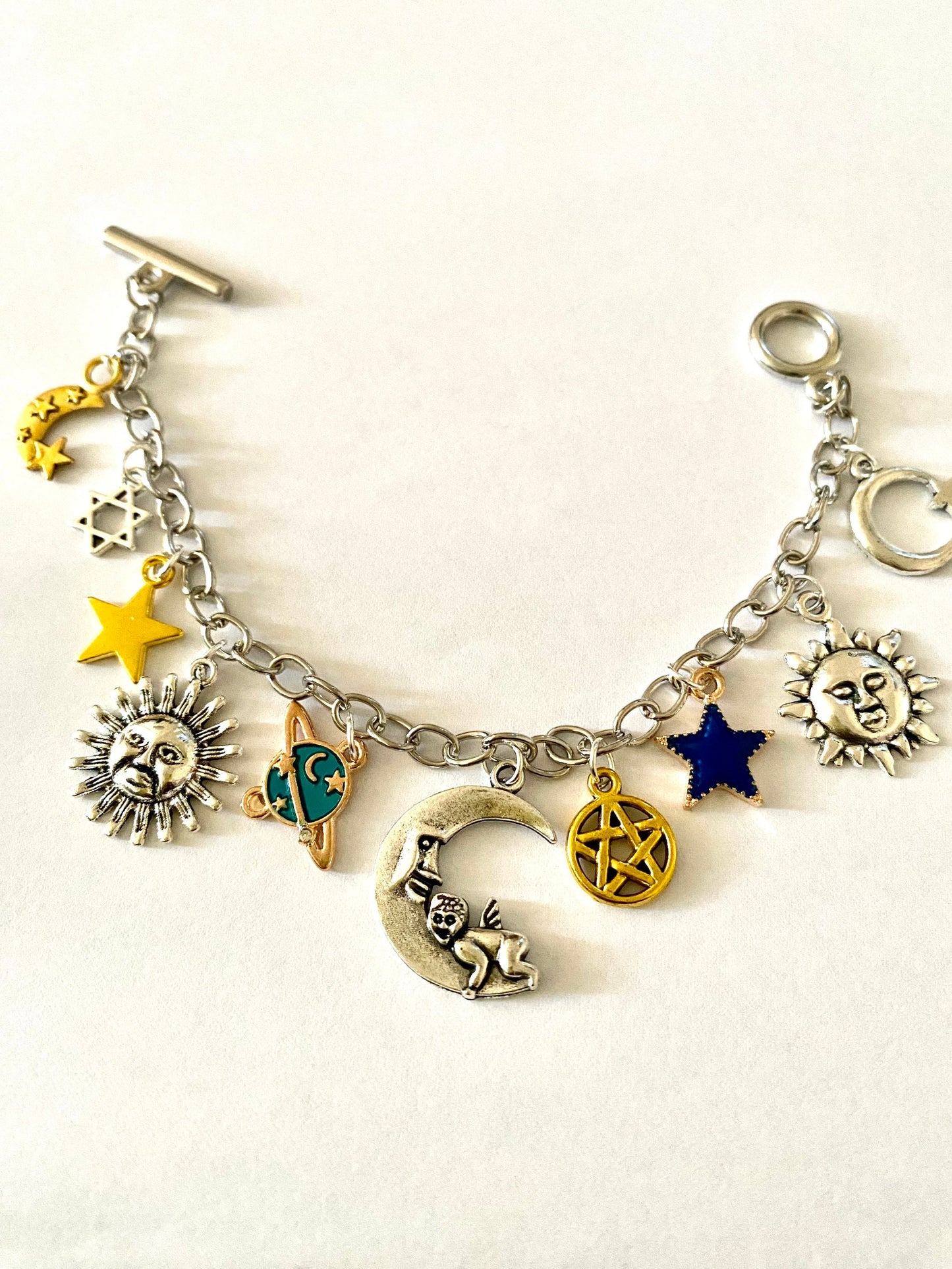 Sun, Moon and Stars Pretty Multi Charm Bracelet.  Ladies, Girls, Gift For her, Birthday, Cute Gift. Style 8