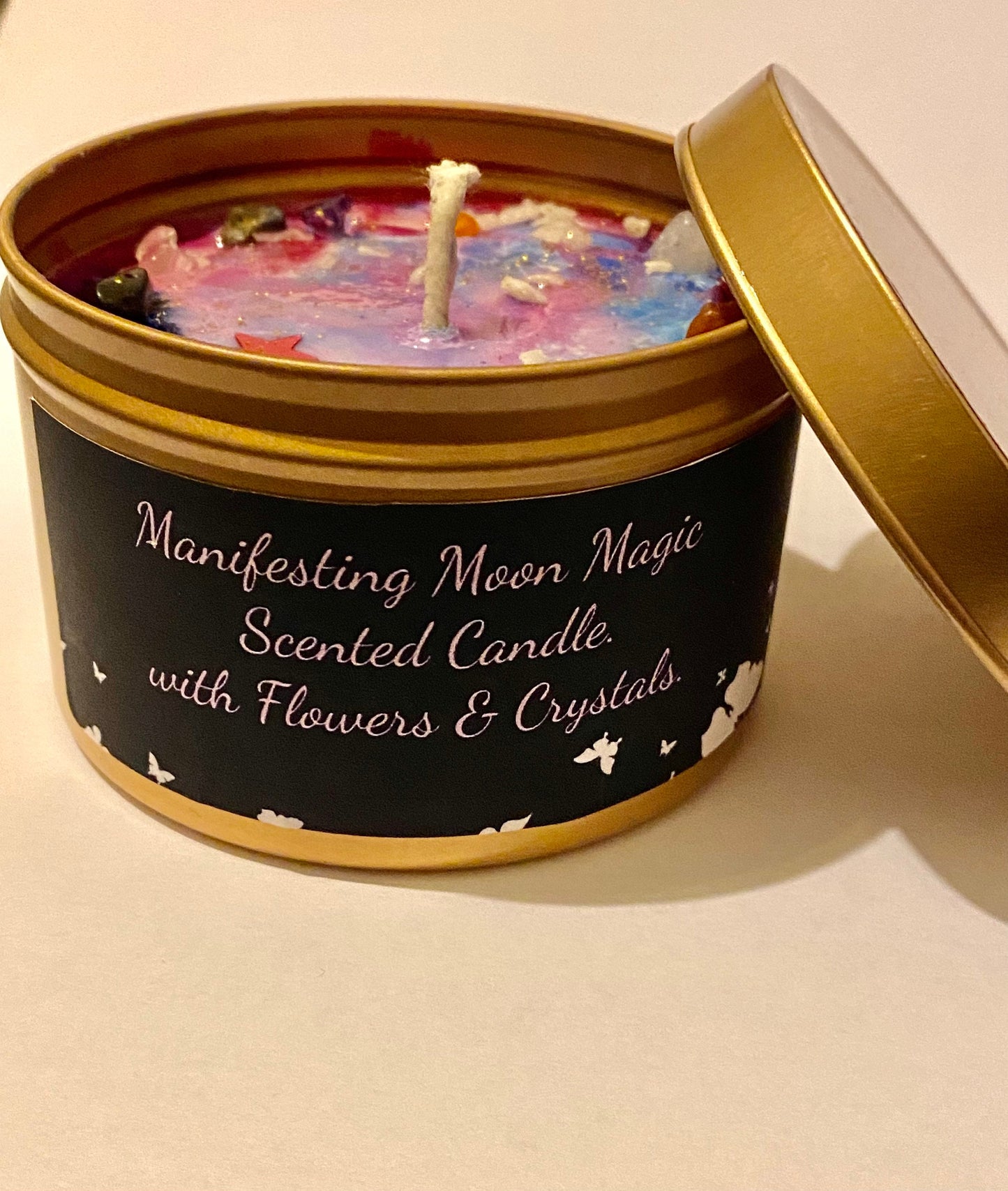 Hoodoo Manifesting Magical Scented Luxury Tin Candle infused with hoodoo drawing oils, herbs flowers and Crystals. 8oz - Scented.