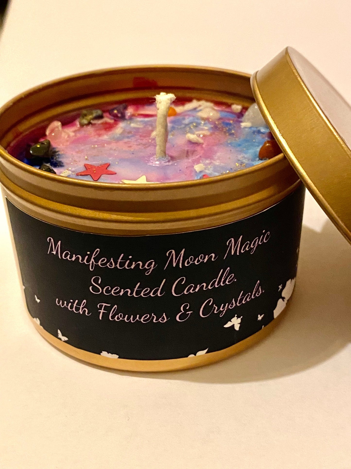 Hoodoo Manifesting Magical Scented Luxury Tin Candle infused with hoodoo drawing oils, herbs flowers and Crystals. 8oz - Scented.