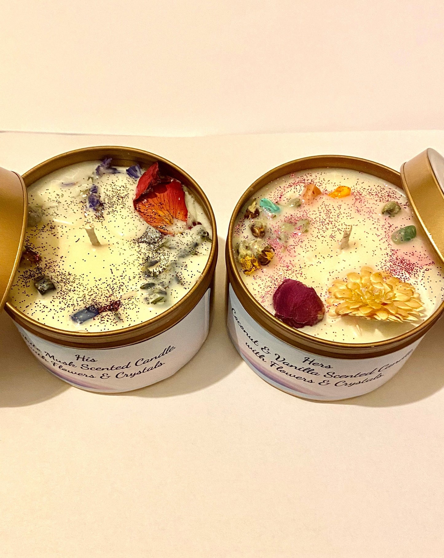 His and Hers Scented Luxury Tin Candle infused with Flowers and Crystals. 8oz - White Musk & Coconut and Vanilla.