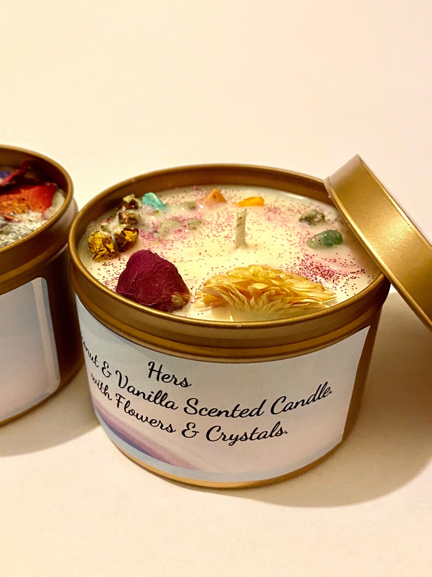 His and Hers Scented Luxury Tin Candle infused with Flowers and Crystals. 8oz - White Musk & Coconut and Vanilla.