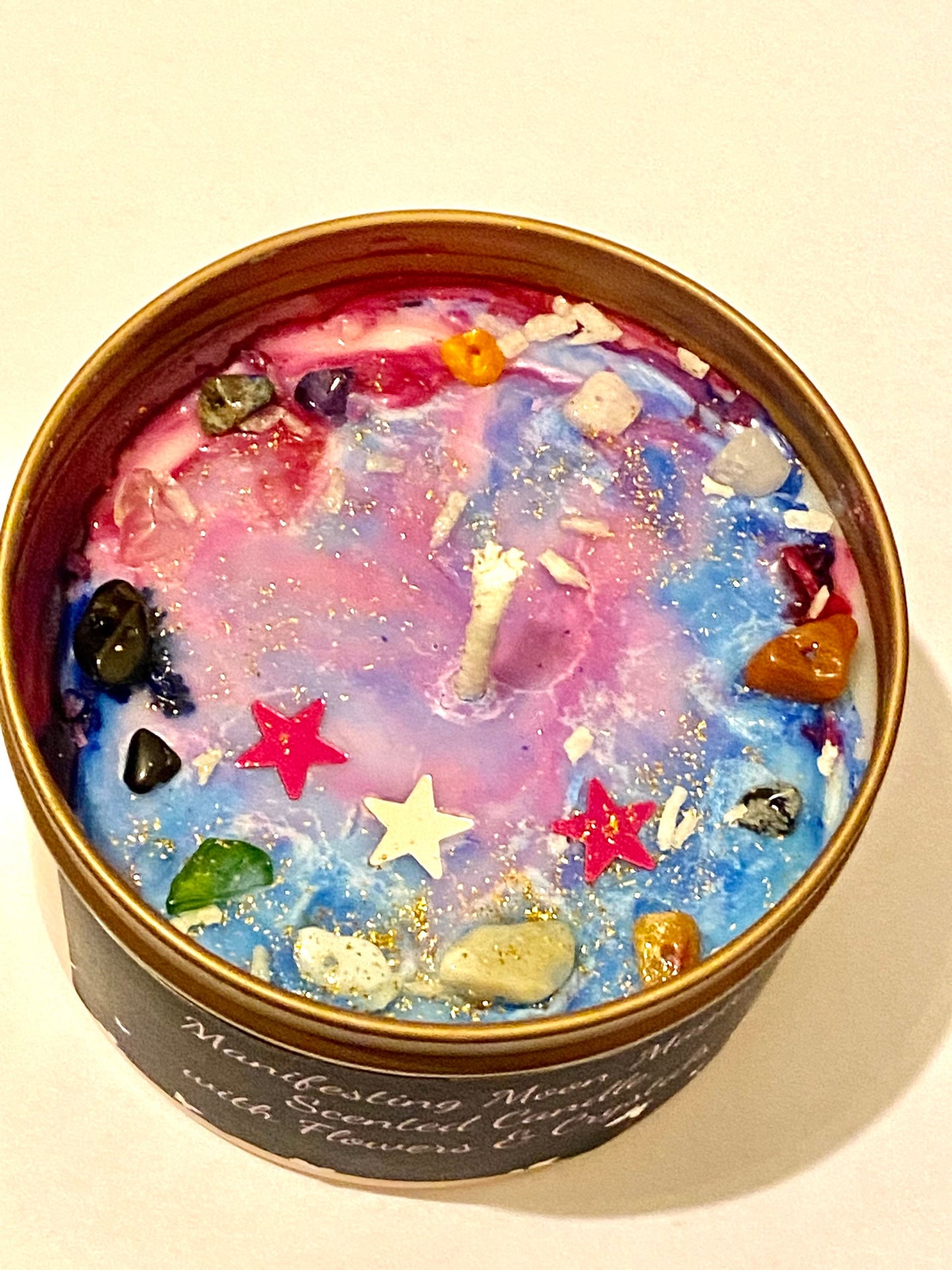 Hoodoo Manifesting Magical Scented Luxury Tin Candle infused with hoodoo drawing oils, herbs flowers and Crystals. 8oz - Scented.