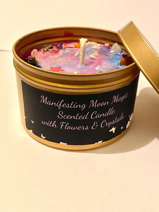 Hoodoo Manifesting Magical Scented Luxury Tin Candle infused with hoodoo drawing oils, herbs flowers and Crystals. 8oz - Scented.