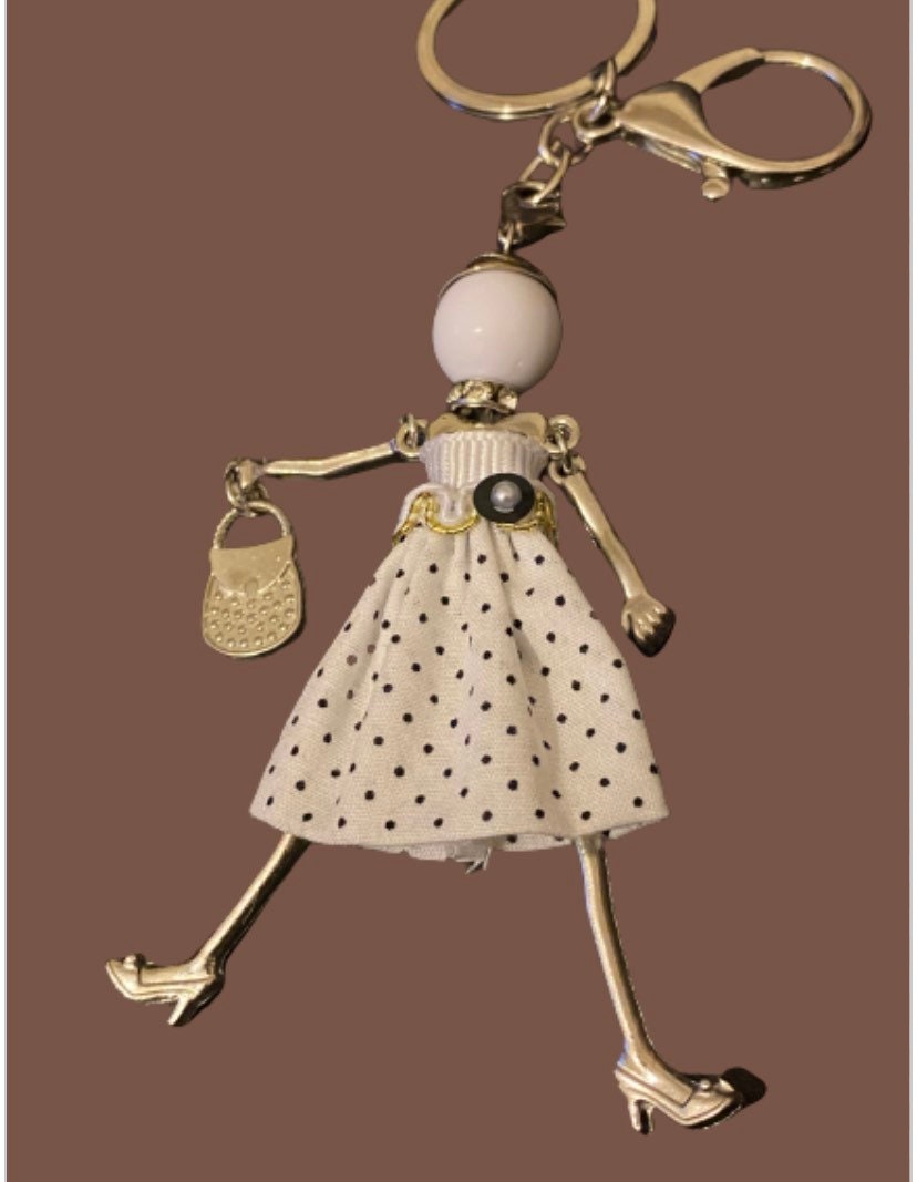 White Doll Keyring, Hand Bag, Belt Phone Charm. Gift For her, Birthday, Cute Gift, Fun, Cute. Purse Charm, Jewellery.