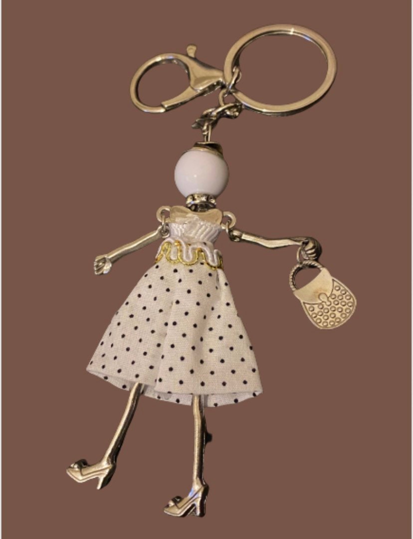 White Doll Keyring, Hand Bag, Belt Phone Charm. Gift For her, Birthday, Cute Gift, Fun, Cute. Purse Charm, Jewellery.