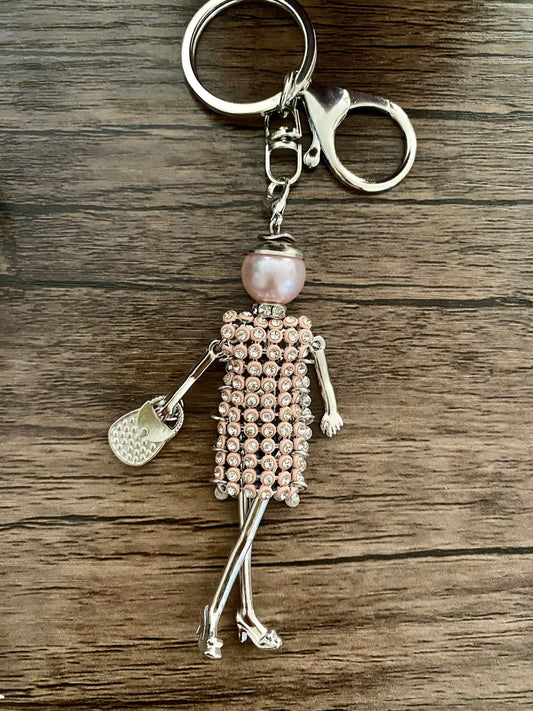 Pink Rhinestones Doll Keyring, Hand Bag, Belt Phone Charm. Gift For her, Birthday, Cute Gift, Fun, Cute. Purse Charm, Jewellery.