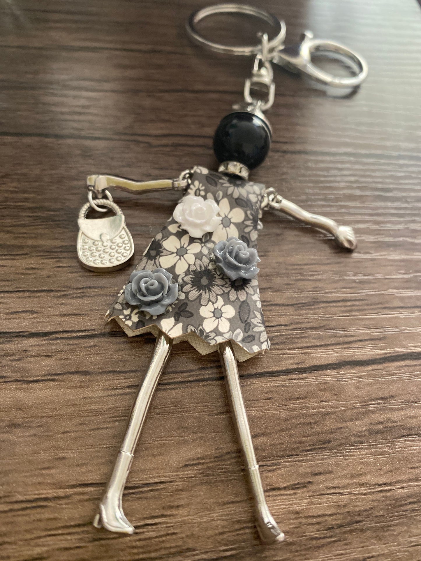 Black and White Floral Doll Keyring, Hand Bag, Belt Phone Charm. Gift For her, Birthday, Cute Gift, Fun, Cute. Purse Charm, Jewellery.