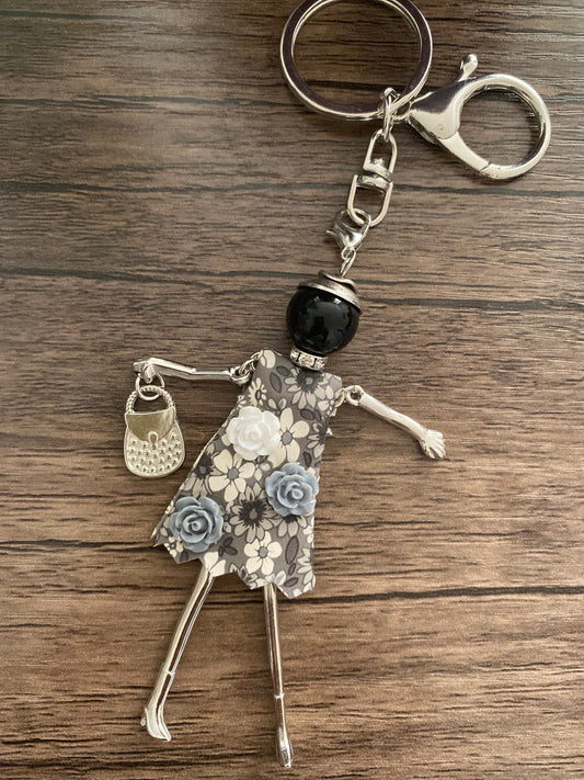 Black and White Floral Doll Keyring, Hand Bag, Belt Phone Charm. Gift For her, Birthday, Cute Gift, Fun, Cute. Purse Charm, Jewellery.