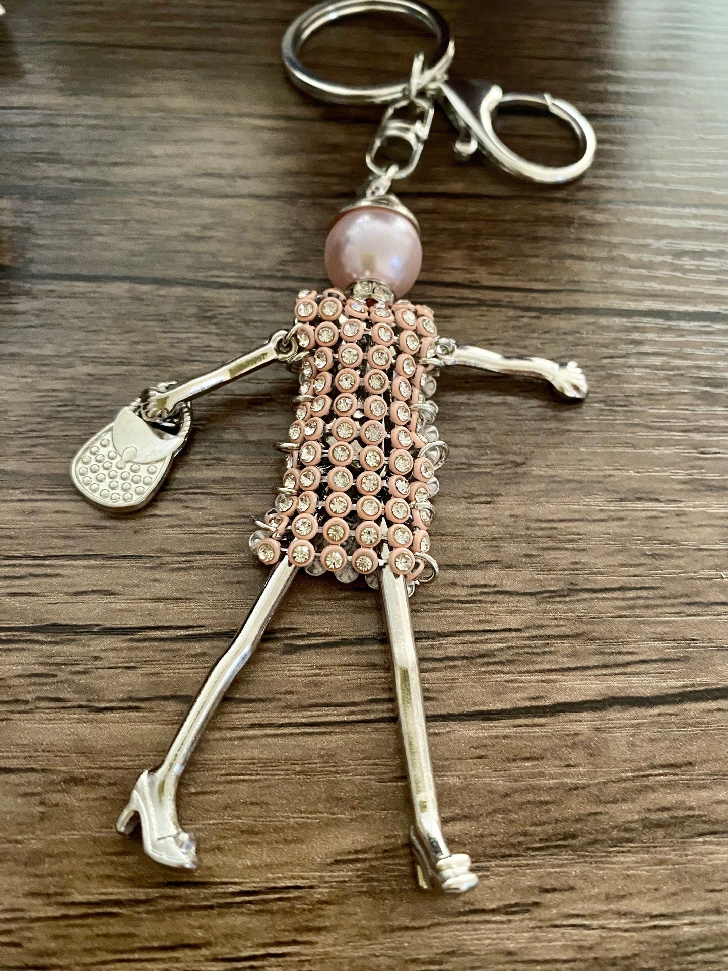 Pink Rhinestones Doll Keyring, Hand Bag, Belt Phone Charm. Gift For her, Birthday, Cute Gift, Fun, Cute. Purse Charm, Jewellery.