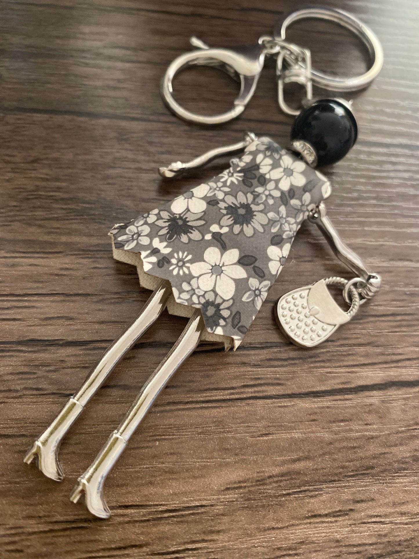 Black and White Floral Doll Keyring, Hand Bag, Belt Phone Charm. Gift For her, Birthday, Cute Gift, Fun, Cute. Purse Charm, Jewellery.