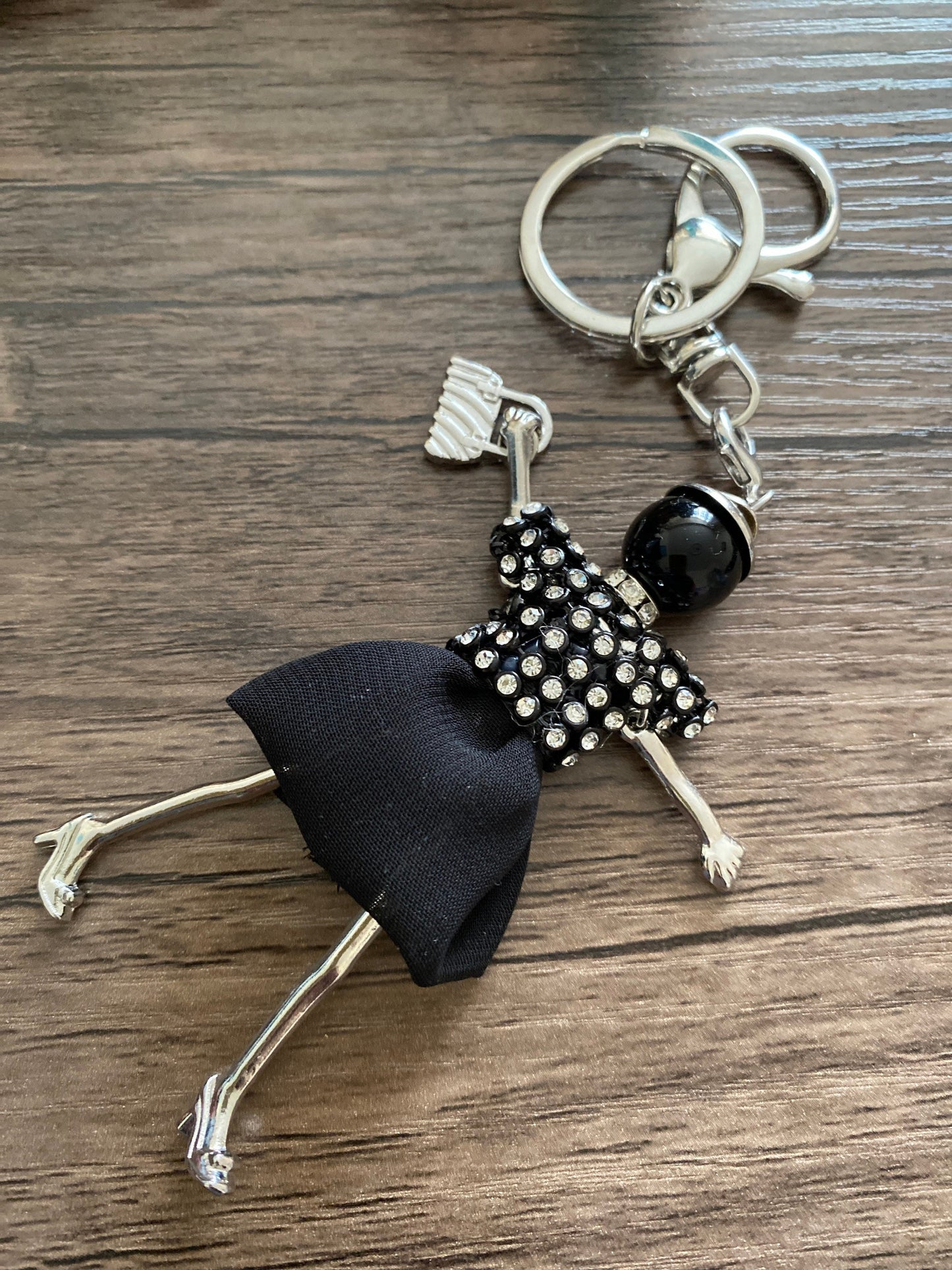 Black Rhinestones Doll Keyring, Hand Bag, Belt Phone Charm. Gift For her, Birthday, Cute Gift, Fun, Cute. Purse Charm, Jewellery.