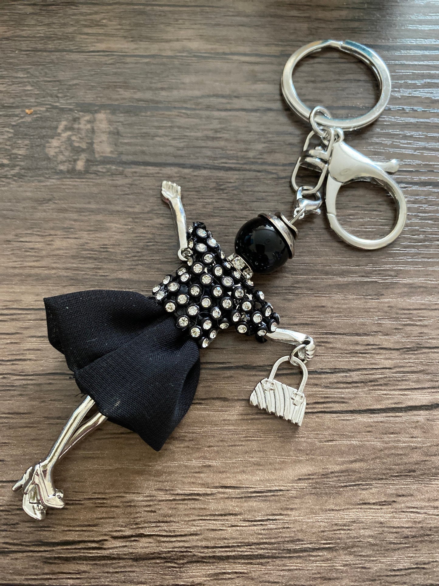 Black Rhinestones Doll Keyring, Hand Bag, Belt Phone Charm. Gift For her, Birthday, Cute Gift, Fun, Cute. Purse Charm, Jewellery.