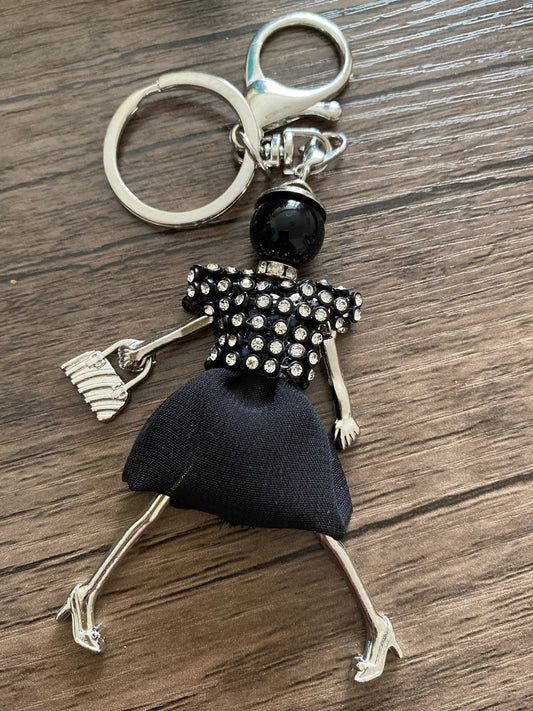 Black Rhinestones Doll Keyring, Hand Bag, Belt Phone Charm. Gift For her, Birthday, Cute Gift, Fun, Cute. Purse Charm, Jewellery.