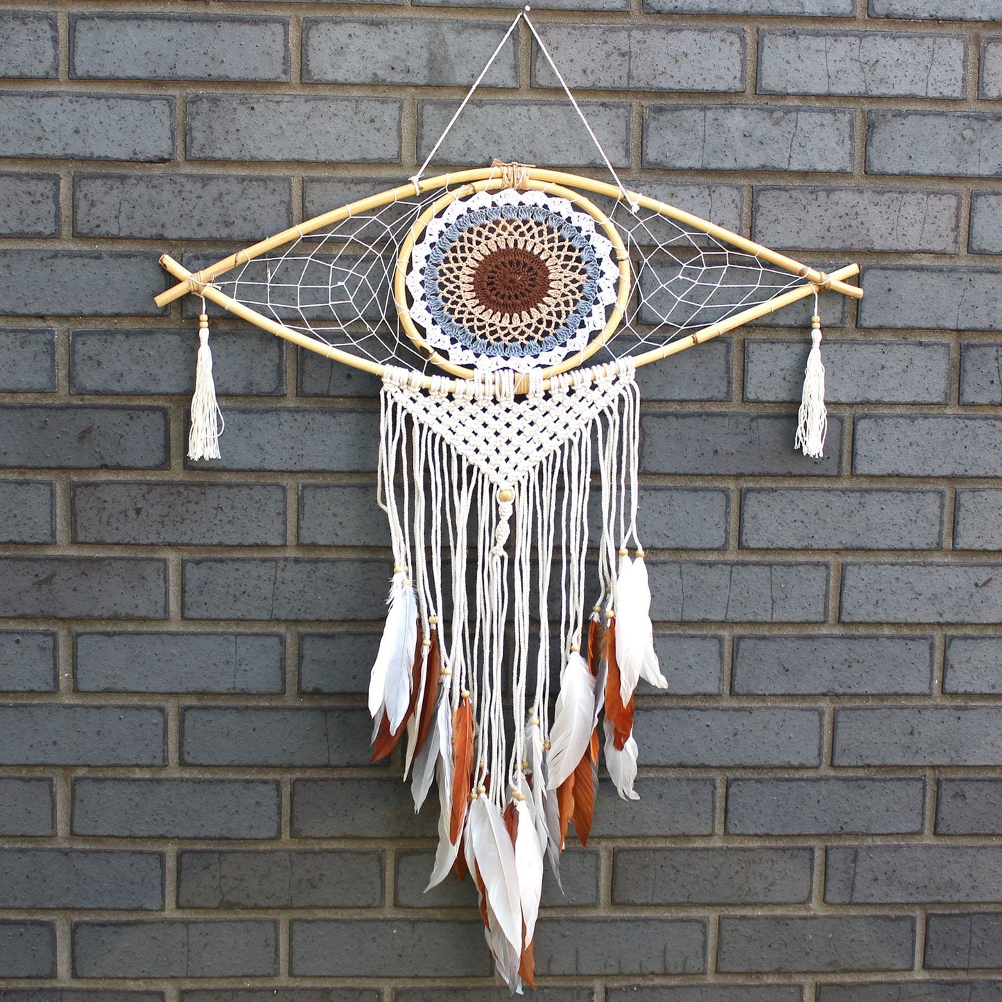 Protection Dream Catcher Home Gift - Macrame Evil Eye - Brown, Blue , Pink White & Feathers Choose Colour.